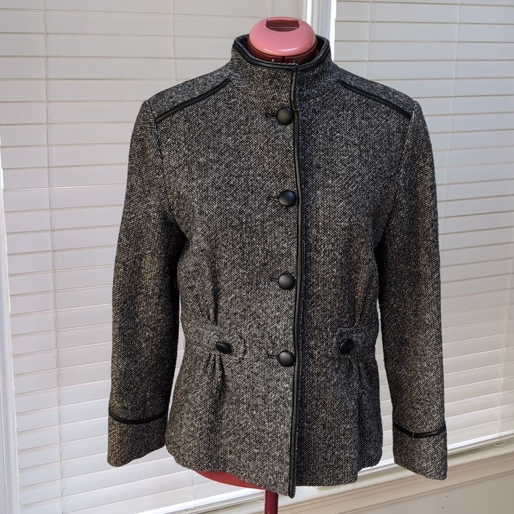 Vintage Jonathan Michael Gray Wool Tweed Jacket Funnel Collar Coat Women's Size